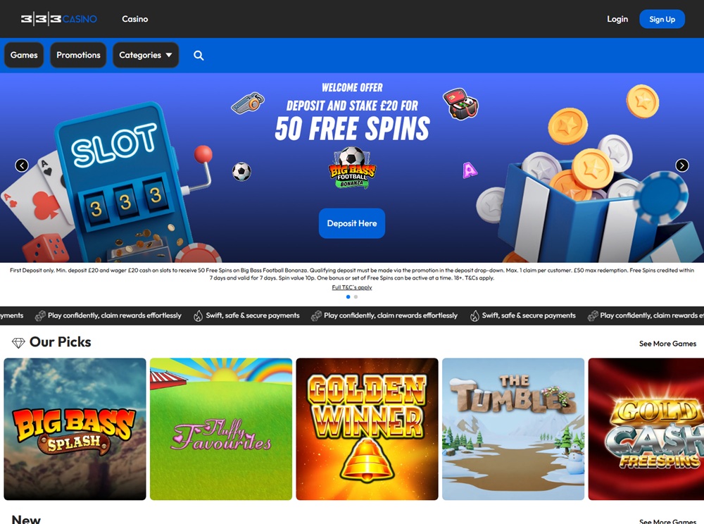 333 Casino homepage showing its 50 free spins welcome offer and mobile-first game rows