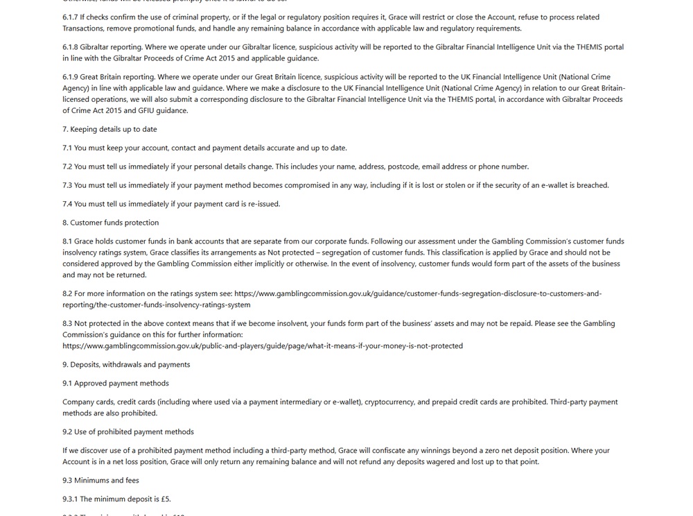 333 Casino terms stating customer funds are rated Not protected under the Gambling Commission's insolvency ratings