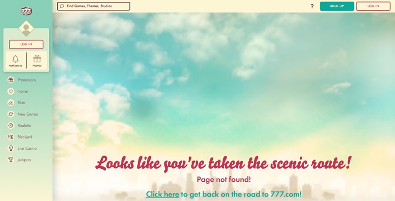 777.com error page still using road-trip language from the casino's retired theme