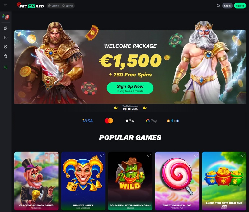 Bet On Red homepage with welcome banner and casino and sports sections