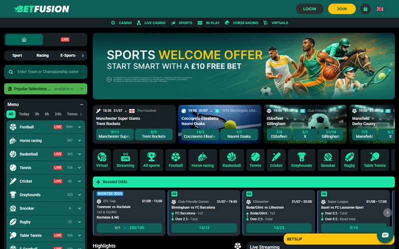 Betfusion homepage showing the £10 free bet sports welcome banner above live in-play betting tiles