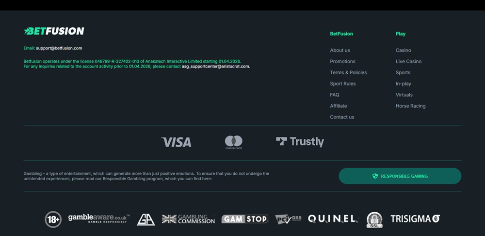 Betfusion footer stating the brand has operated under Anakatech's licence since 1 April 2026, with older account queries directed to an Aristocrat support address