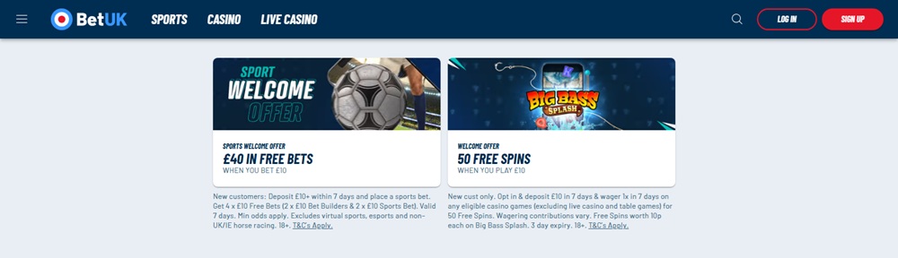 BetUK homepage showing its separate sports and casino welcome offers above upcoming horse racing