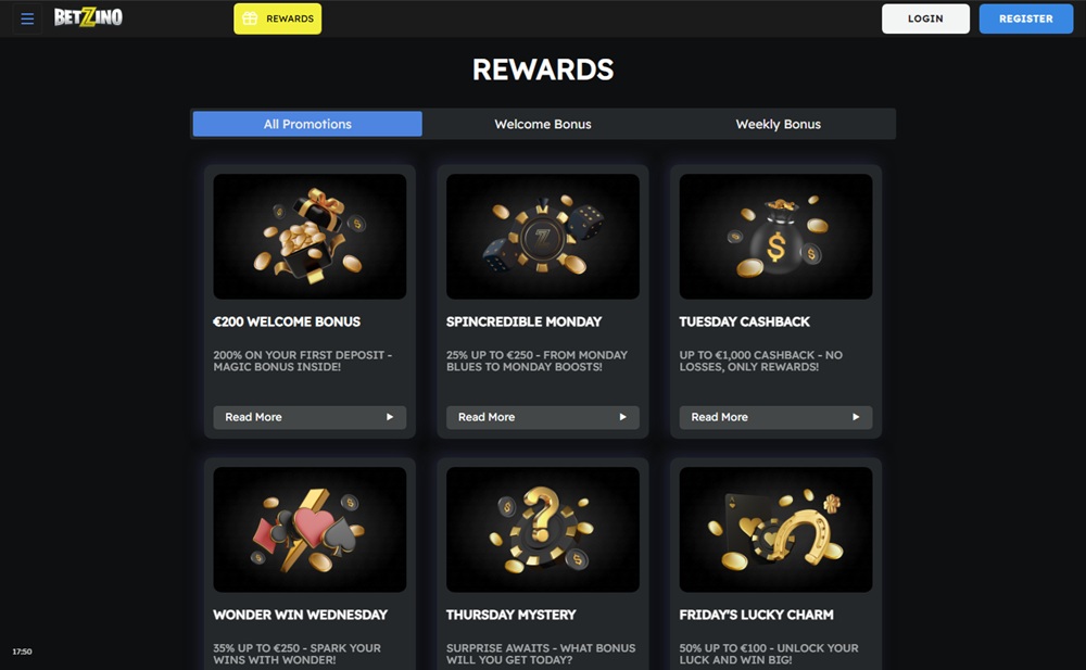 Betzino rewards calendar of weekly bonuses, all unavailable to UK players under the terms