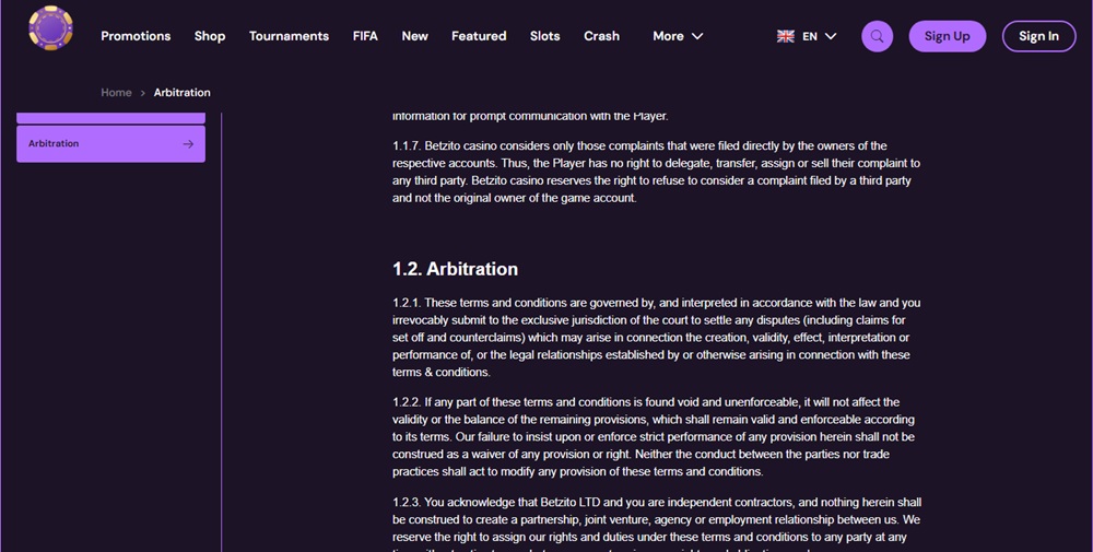Betzito arbitration page submitting players to an unnamed court under an unnamed law