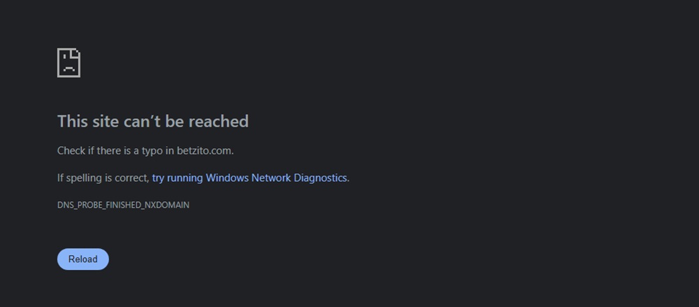 Browser error page showing betzito.com no longer resolves