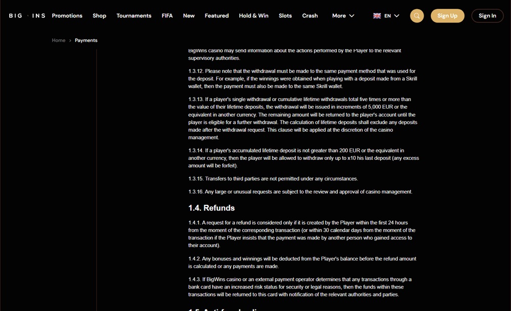 Big Wins payment terms showing instalment payouts and the forfeiture clause for small depositors