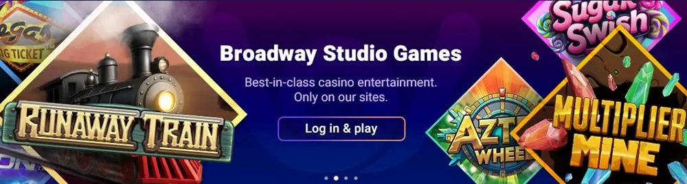 Rosy Bingo homepage banner advertising Broadway's exclusive in-house studio games