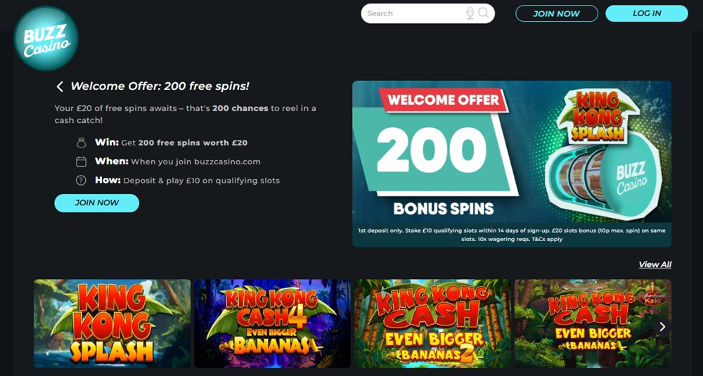 Buzz Casino welcome offer terms showing 10x wagering on a £20 slots bonus