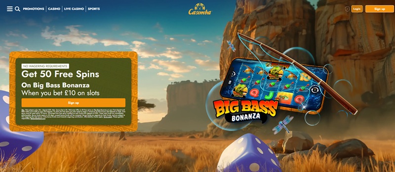 Casimba casino homepage with lion branding above its games lobby