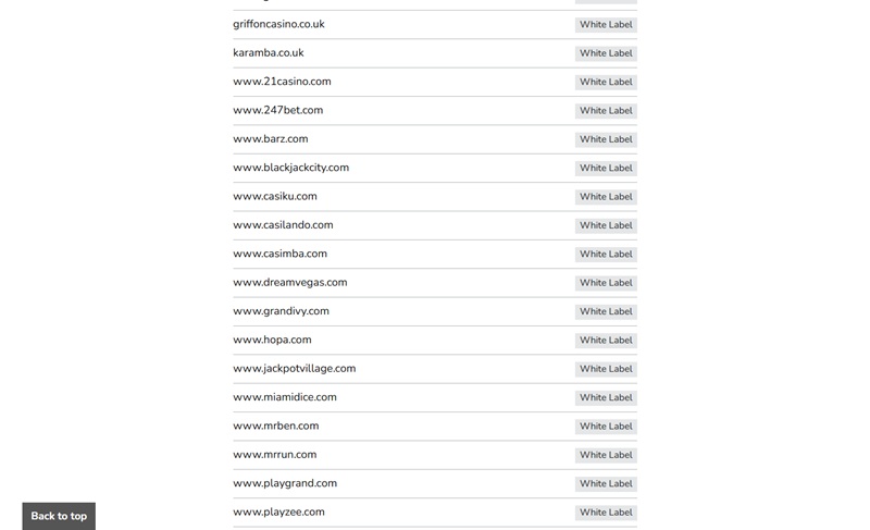 UKGC register entry for White Hat Gaming showing casimba.com as a white-label domain among forty listed