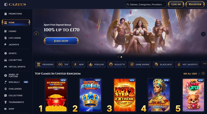 Cazeus casino homepage showing its ancient Greek gods theme