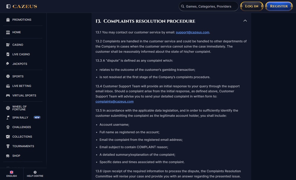 Cazeus terms section 13 complaints procedure, whose external dispute link leads to a 404 error