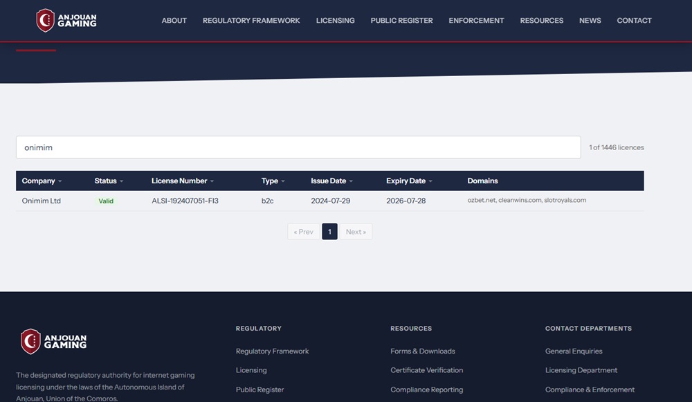 Anjouan register row for Onimim Ltd showing a 28 July 2026 expiry date beside a Valid status