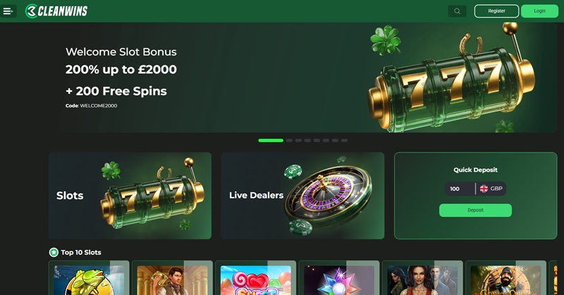CleanWins homepage with leprechaun banner and a sterling quick-deposit box