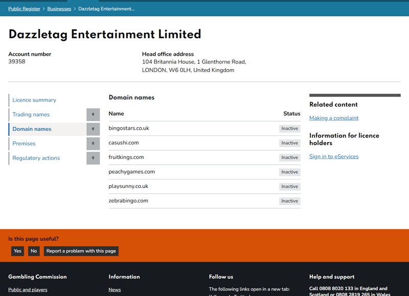 Dazzletag Entertainment's UKGC domain list with every domain Inactive