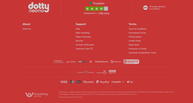 Dotty Bingo footer naming operator Broadway Gaming Limited and UKGC licence 39075