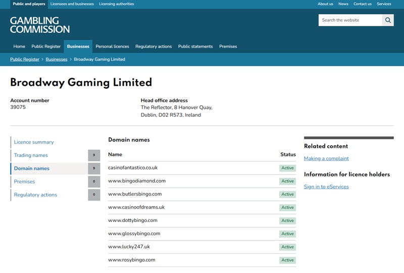 UKGC register showing Dotty Bingo and its Broadway Gaming sister brands on account 39075