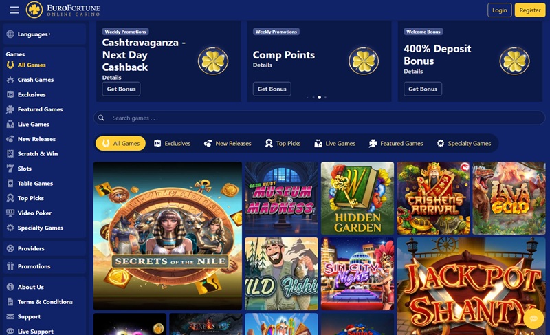 Eurofortune Casino homepage advertising a 400% deposit bonus above its games lobby