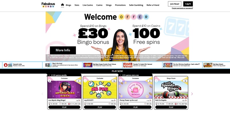 Fabulous Bingo homepage showing its menu, current promotion and game strips