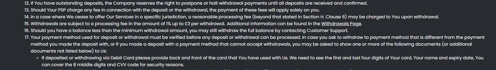 Casino Kings terms and conditions showing the 1 percent withdrawal processing fee capped at three pounds