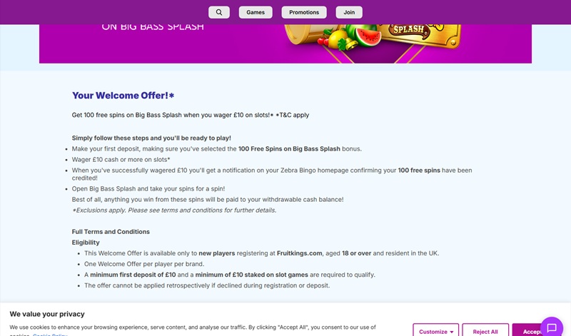 Fruit Kings welcome offer instructions mentioning the Zebra Bingo homepage by mistake