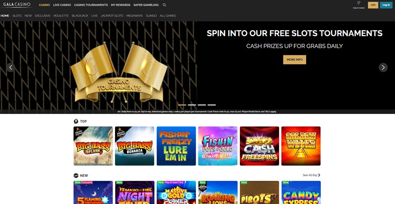 Gala Casino homepage banners advertising daily cash tournaments and cash rewards