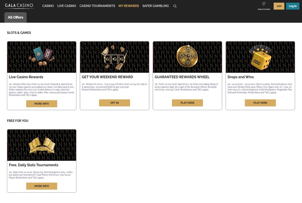 Gala Casino's promotions page listing only existing-player offers with no welcome offer