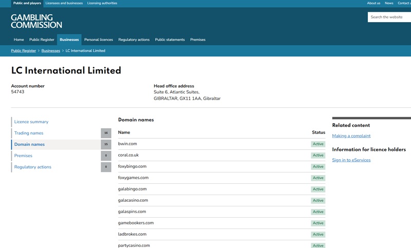 UK Gambling Commission register showing galaspins.com as an active domain of LC International Limited