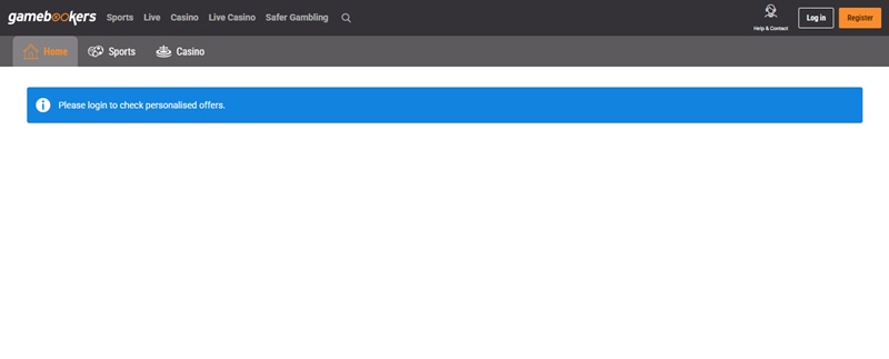 Gamebookers offers page showing no public promotions, only a login prompt