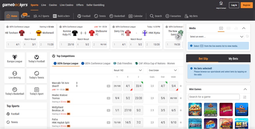 Gamebookers sportsbook homepage with live European football markets