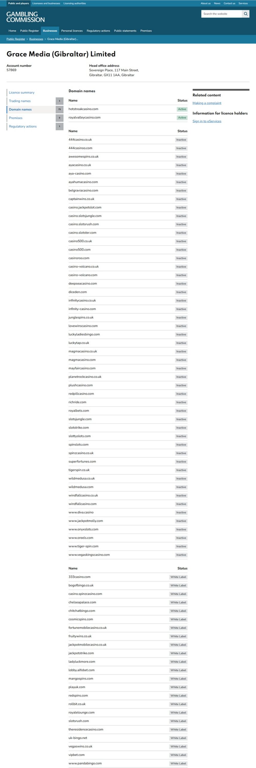 UKGC register for Grace Media showing 75 domains with 50 inactive and jackpotmobilecasino.co.uk as a white label