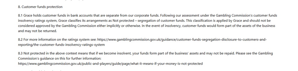 Jackpot Mobile Casino terms classifying customer funds as not protected