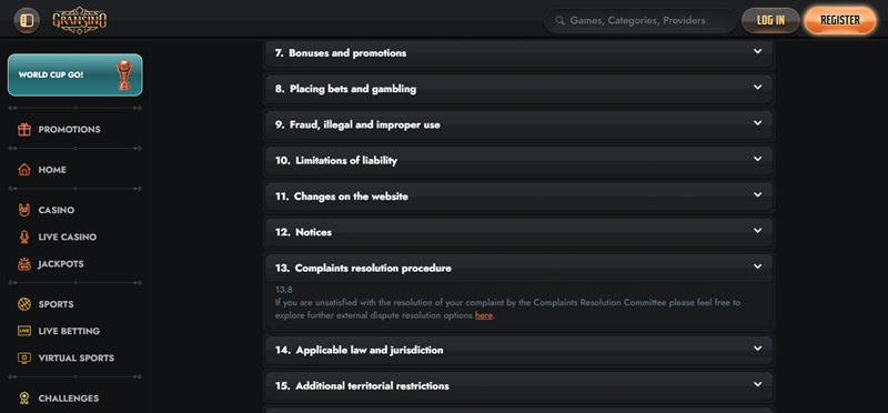 Gransino terms clause 13.8 offering external dispute resolution through a link that returns a page-not-found error