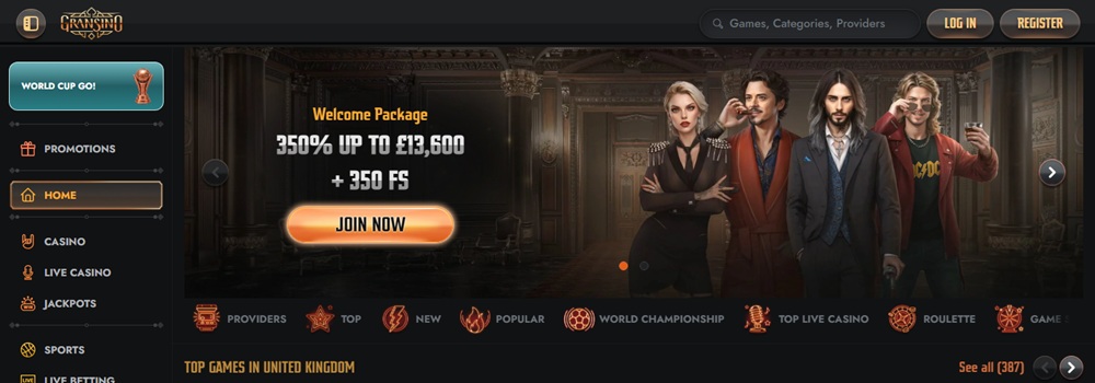 Gransino homepage banner with four rock-star characters in a grand hotel and a £13,600 welcome package