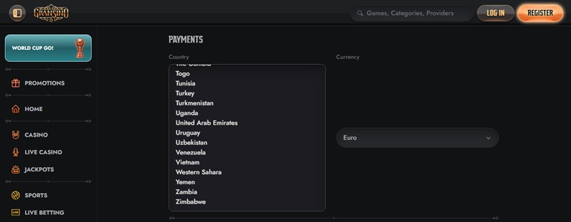 Gransino payments page country list with no United Kingdom entry