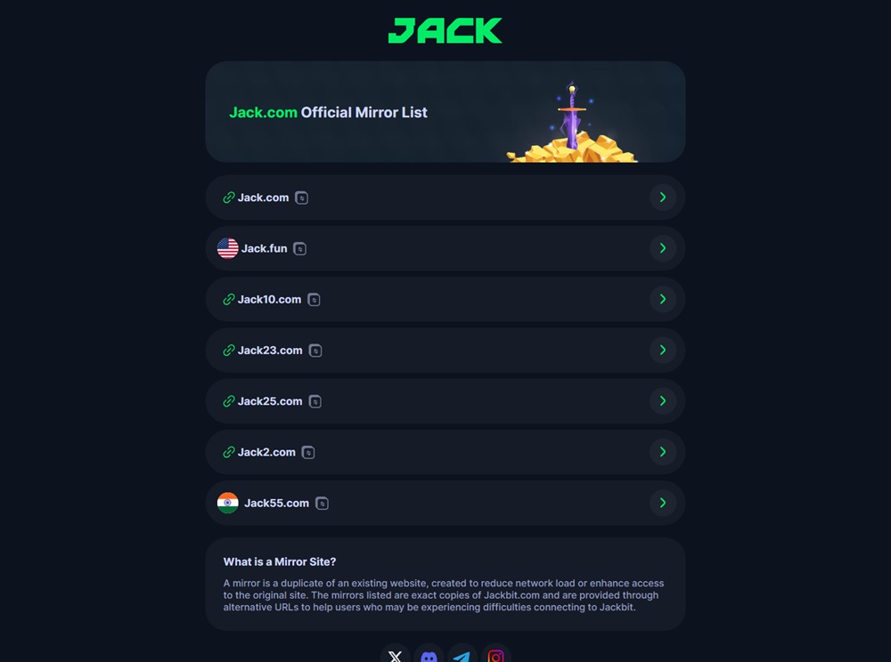Jack's official mirror list showing six alternative addresses for the same casino