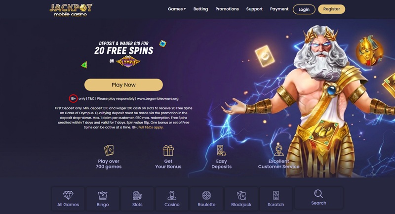 Jackpot Mobile Casino homepage leading with a sports free-bet offer