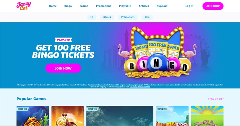 Jazzy Cat casino homepage showing generic branding, with cat theming limited to the logo and a cat-eared banner sign