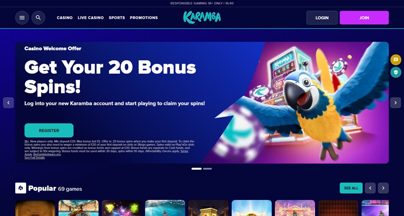Karamba casino homepage with bird mascot branding above its games lobby
