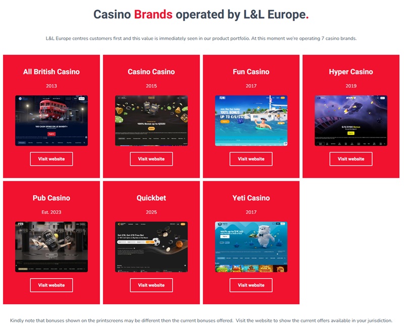 L&L Europe's own brands page listing its seven casinos