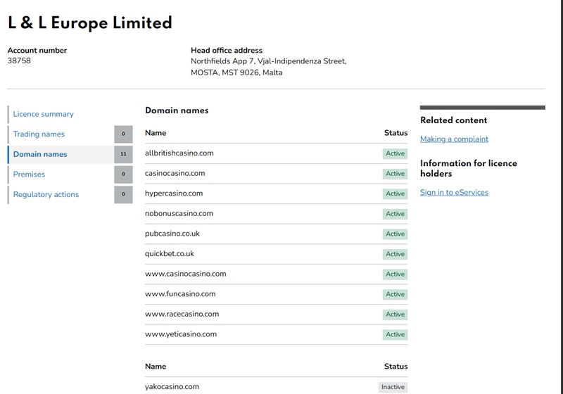 UKGC register domain list for L&L Europe Limited, account 38758