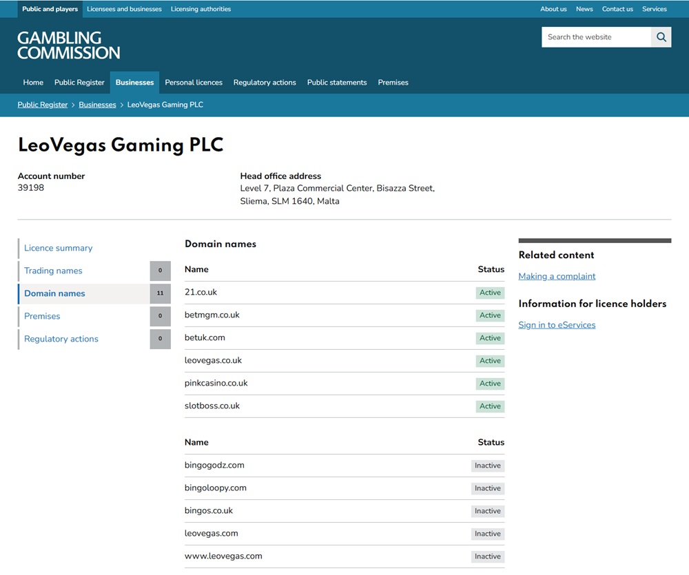 UKGC register for LeoVegas Gaming PLC showing betuk.com and betmgm.co.uk on the same licence