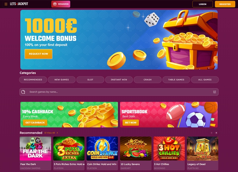 Lets Jackpot Casino homepage with welcome banner and jackpot ticker