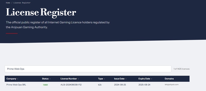 Anjouan register entry showing Lets Jackpot's licence with a 2025 expiry date and Valid status