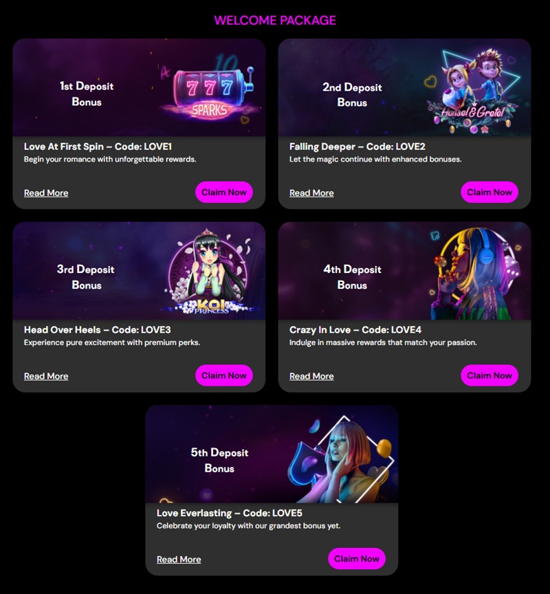 Love Casino's five welcome bonuses named as stages of a romance