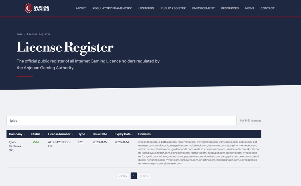 Anjouan register showing Igloo Ventures SRL and its 42 casino domains including luckypays.io