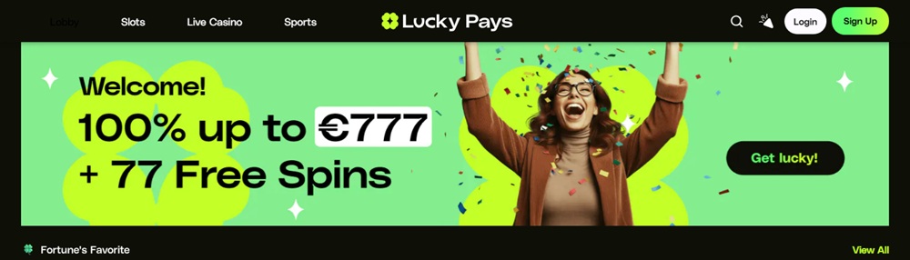Lucky Pays homepage showing its clover logo and 100 percent up to 777 euro welcome offer