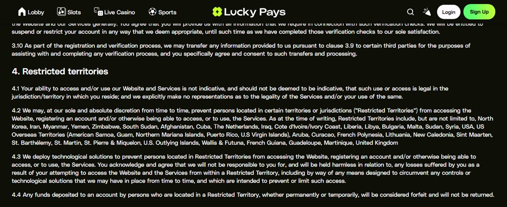Lucky Pays terms listing the United Kingdom as a restricted territory and forfeiting deposits made from one