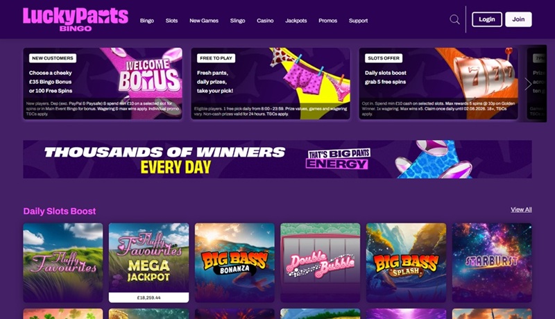 LuckyPants Bingo homepage with its choice of welcome offers and free daily prize game